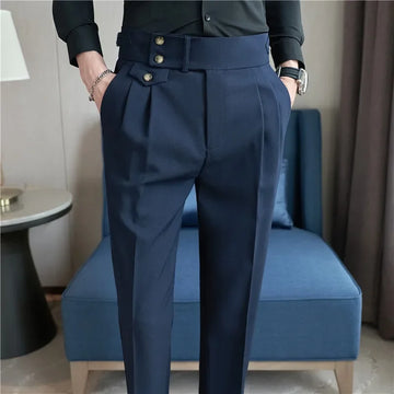 Riolio High Waist Men Suit Pants British Style Casual Dress Pants Men Slim Fit Trousers Formal Office Wedding Party Pantalon Homme